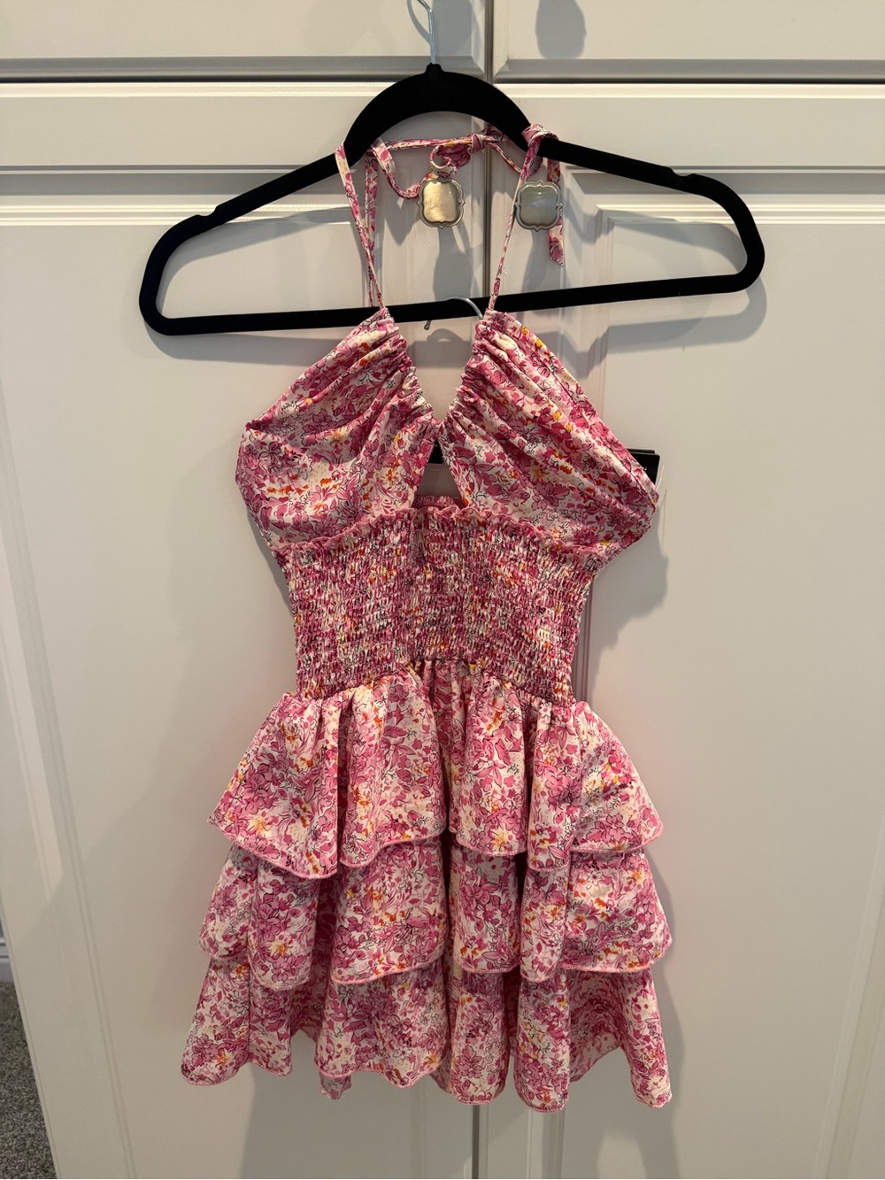 SHEIN Pink Floral Halter Ruffle Mini Dress